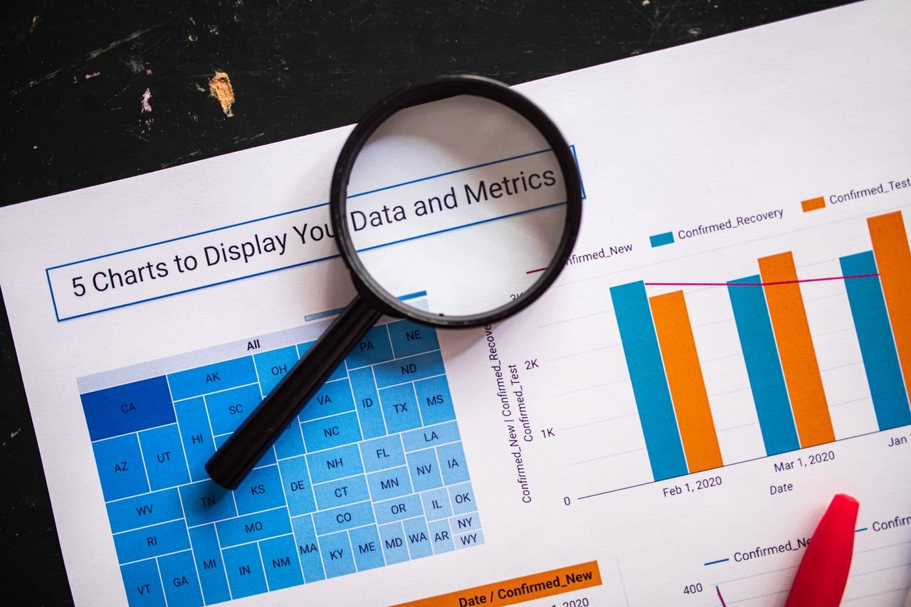 Offerings Close-up of business charts with magnifying glass highlighting data insights.